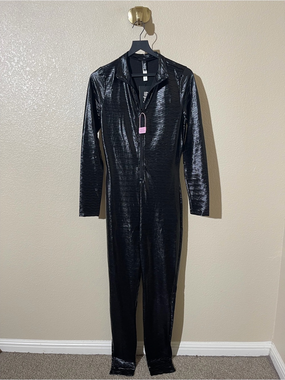 Forplay Black Shiny Textured Zip-Front Jumpsuit